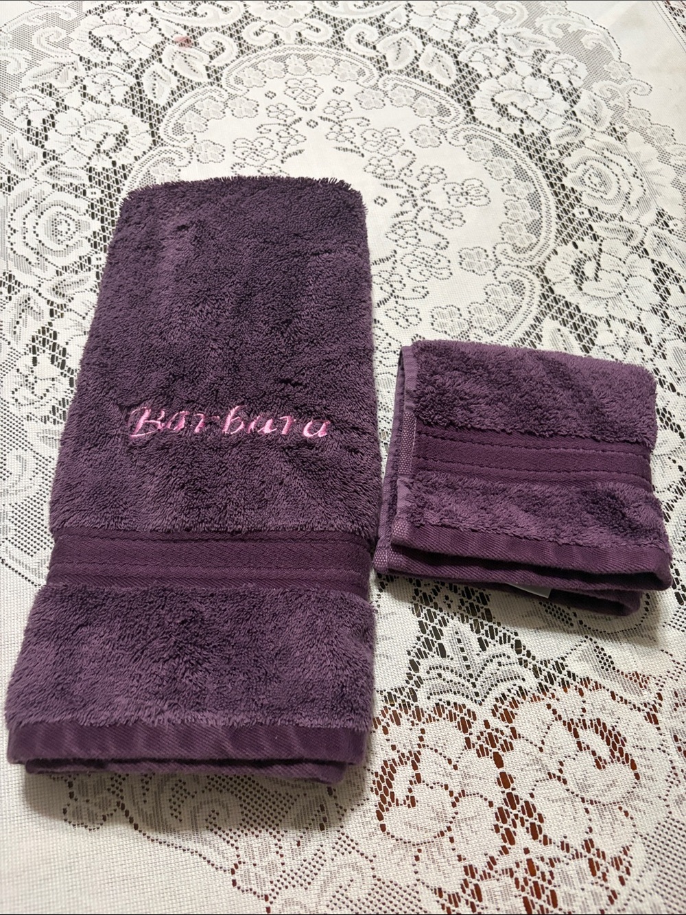 Plush Purple Hand towel with Barbara Embroidery & washcloth
